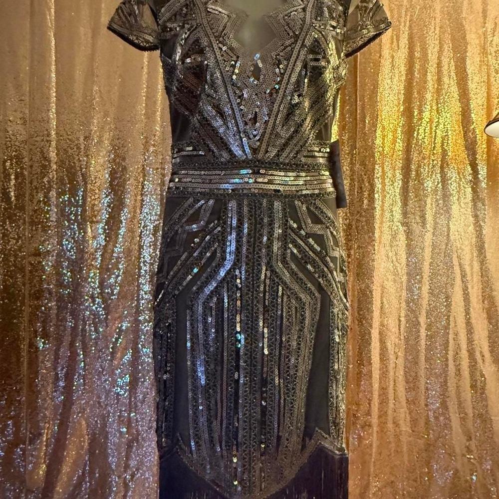 Art Deco Flapper Dress Black Silver Sequin Fringe Gatsby Party NWT/Size M